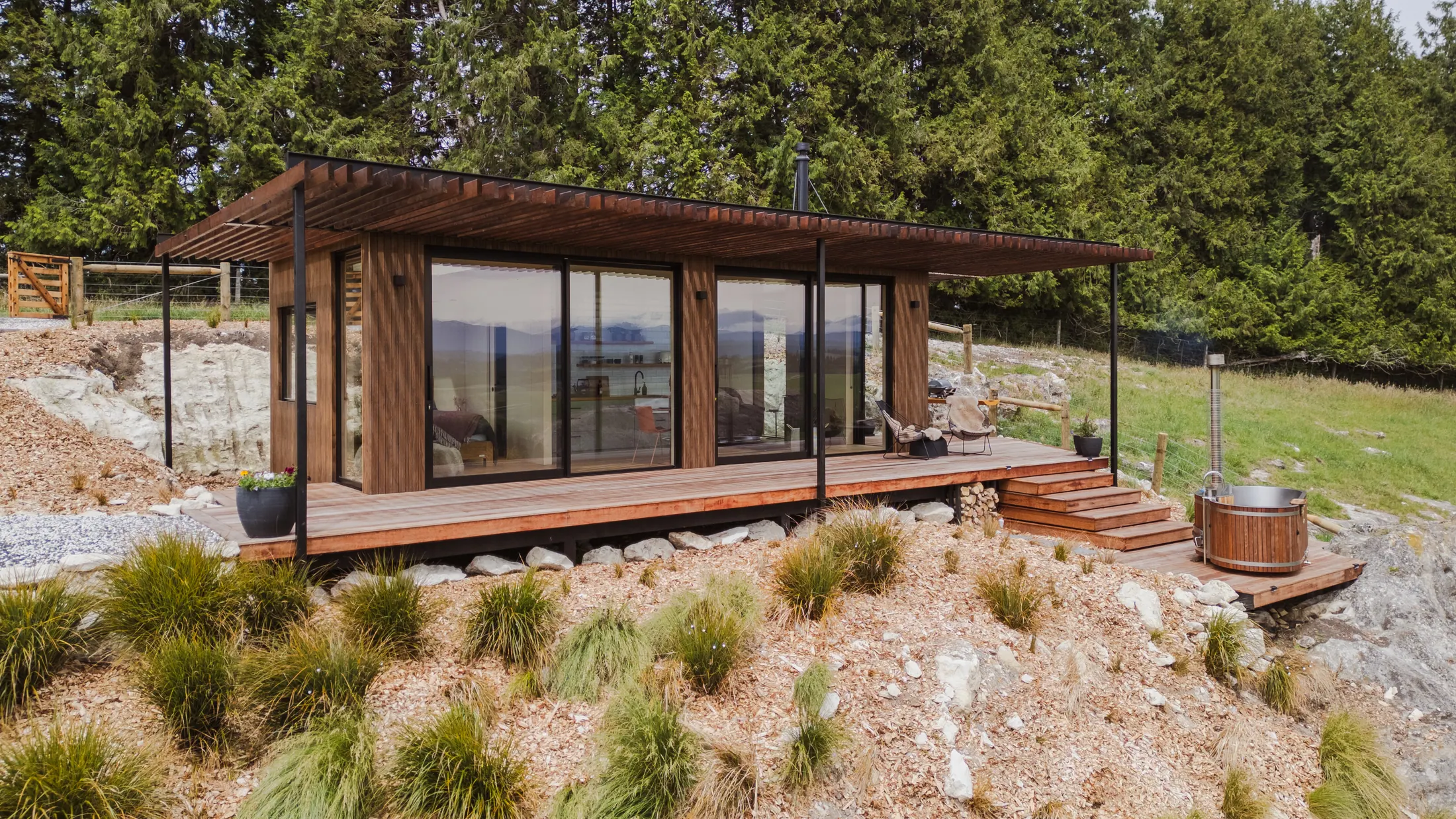 Rockburn Escape exterior view in the rural Canterbury landscape.